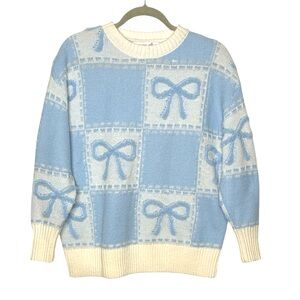 Altar'd State Women's Light Blue and White Textured Bow Sweater XXS